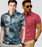 Zebu Men's Printed Polo Zip Neck T-shirt (pack of 2)
