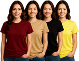 Zebu Women's Solid Round Neck Polyester T-shirt (pack of 4)
